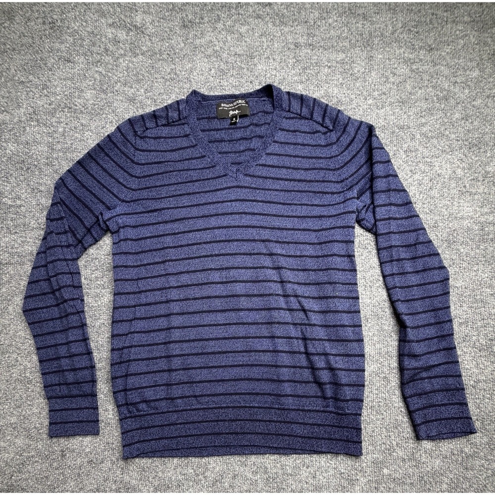 Banana Republic Sweater Men Medium Blue Merino Wool Striped V Neck Navy Baruffa